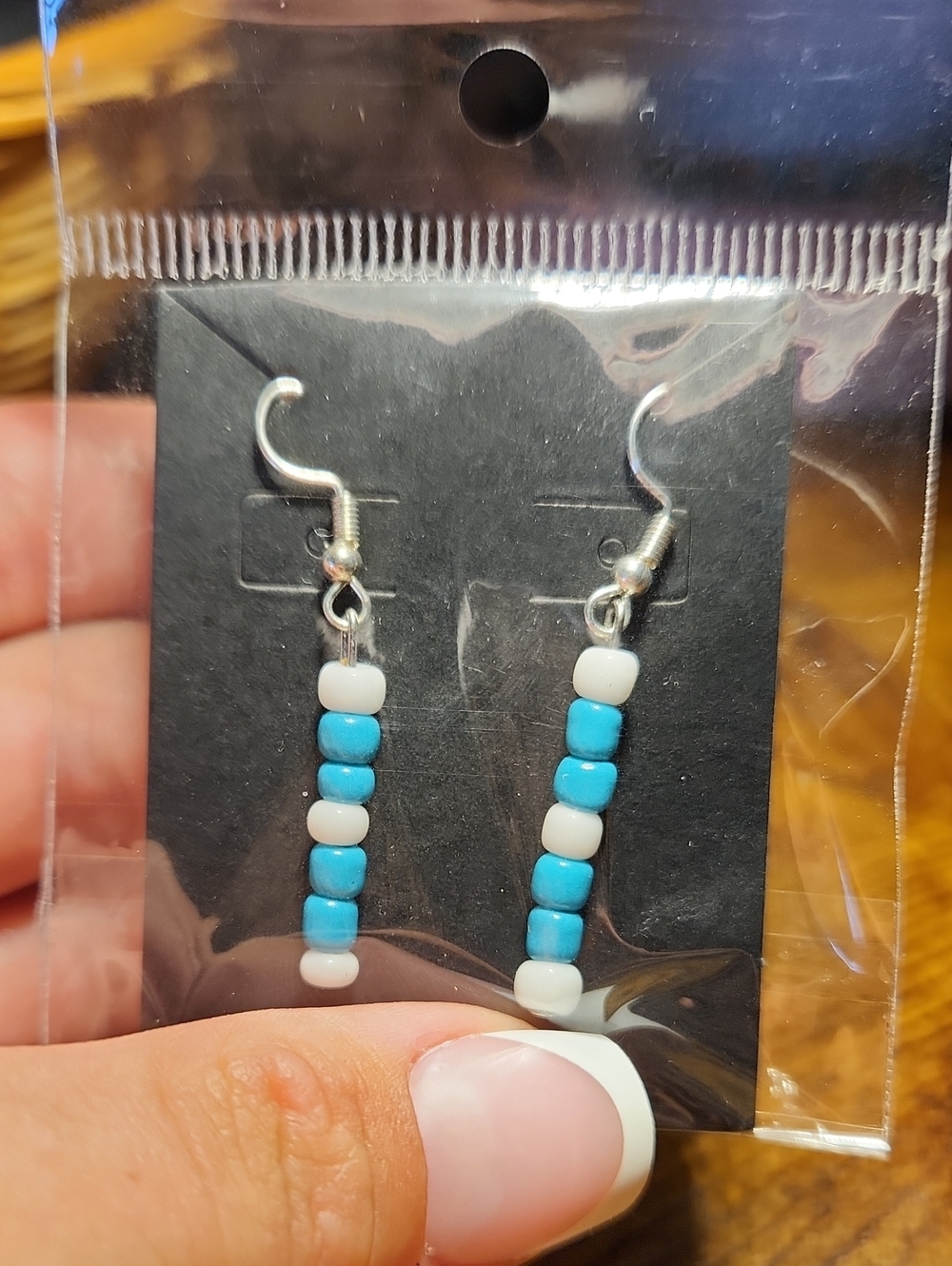 Handmade Blue and White Beaded Dangle Earrings